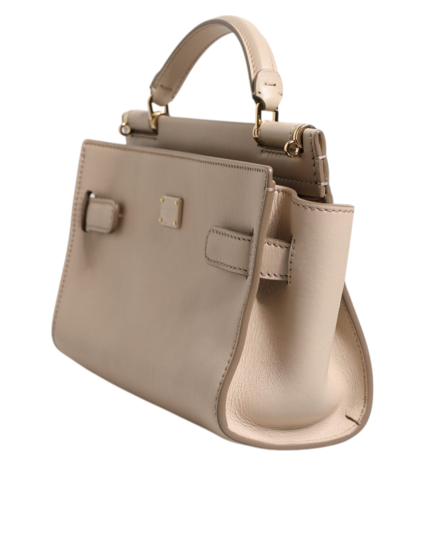 Dolce &amp; Gabbana Beige Logo Plaque Leather Top Handle Strap Crossbody Bag