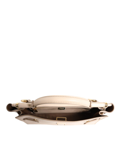 Dolce &amp; Gabbana Beige Logo Plaque Leather Top Handle Strap Crossbody Bag