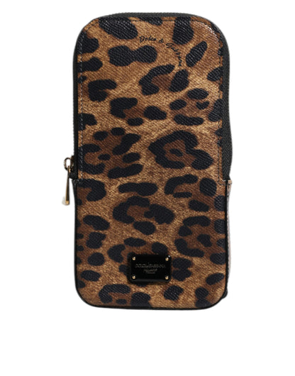 Portefeuille zippé en cuir Dauphine marron imprimé léopard Dolce &amp; Gabbana