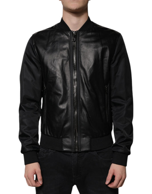 Dolce &amp; Gabbana Black Lambskin Full Zip Biker Blouson Jacket