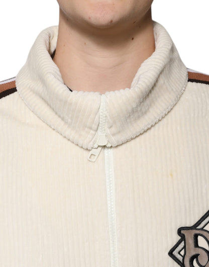 Veste zippée en velours côtelé de coton beige avec logo appliqué Dolce &amp; Gabbana