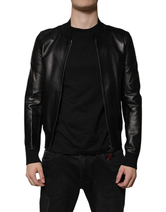 Dolce &amp; Gabbana Black Lambskin Full Zip Biker Blouson Jacket