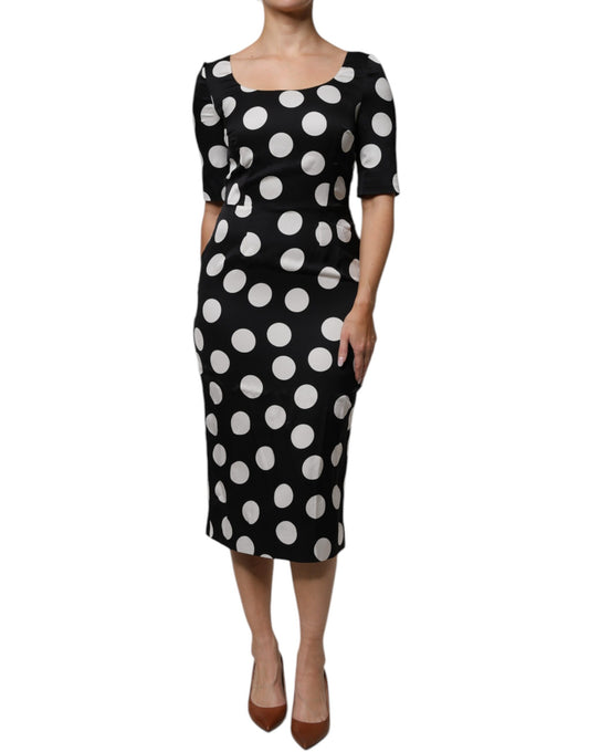 Dolce &amp; Gabbana Black White Silk Polka Dots Sheath Midi Dress