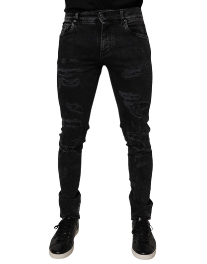 Dolce & Gabbana Black Tattered Cotton Skinny Men Denim Jeans by Dolce & Gabbana