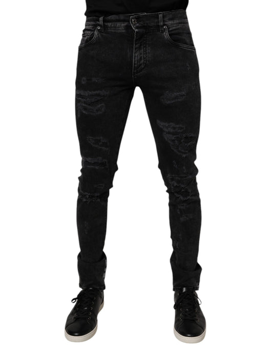 Dolce & Gabbana Black Tattered Cotton Skinny Men Denim Jeans by Dolce & Gabbana