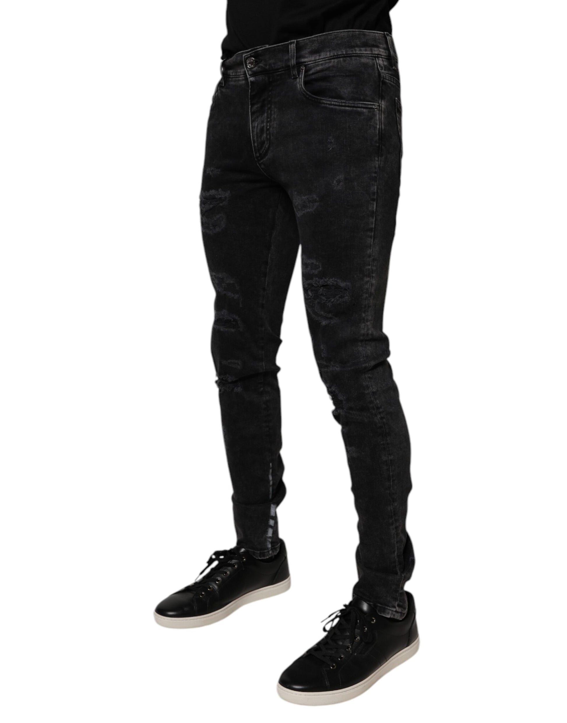 Dolce & Gabbana Black Tattered Cotton Skinny Men Denim Jeans by Dolce & Gabbana