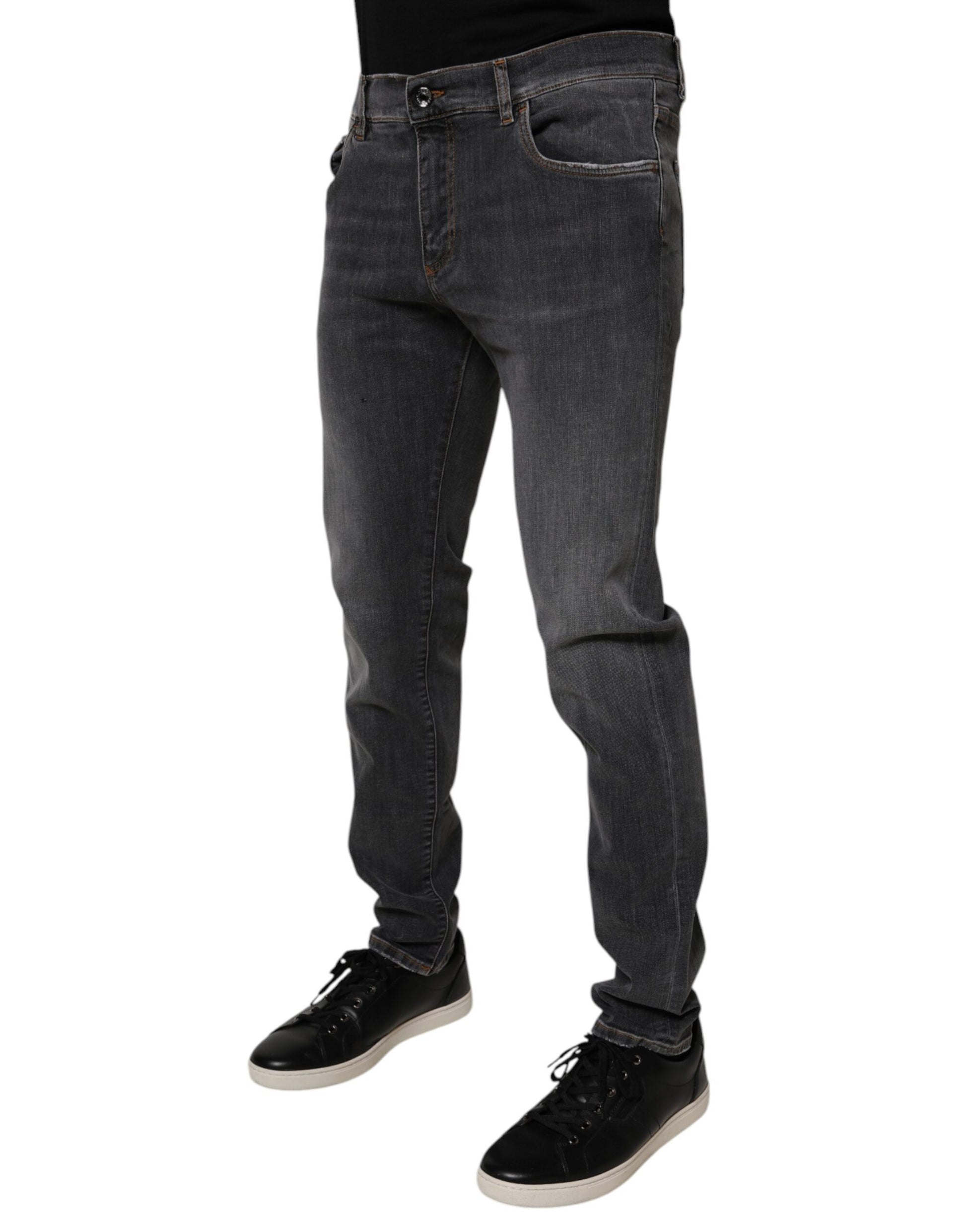 Dolce & Gabbana Dark Gray Washed Cotton Slim Fit Denim Jeans by Dolce & Gabbana