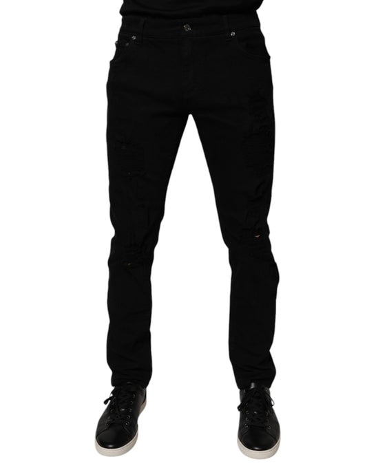 Dolce & Gabbana Black Tattered Cotton Skinny Men Denim Jeans by Dolce & Gabbana