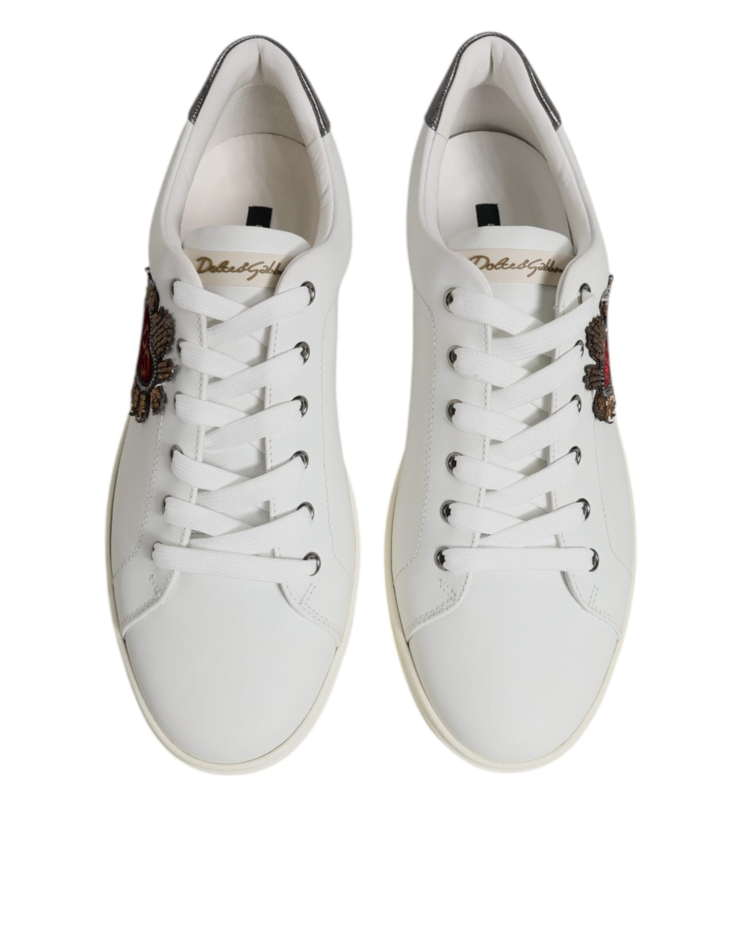 Dolce & Gabbana White Leather Heart Embellished Sneakers Shoes by Dolce & Gabbana