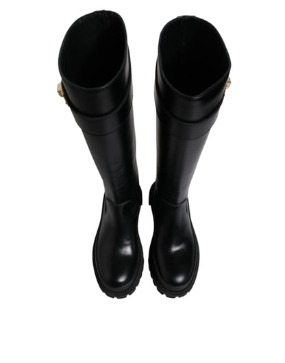 Dolce & Gabbana Black DG Logo Calf Leather High Boots Shoes by Dolce & Gabbana