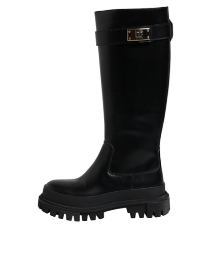 Dolce & Gabbana Black DG Logo Calf Leather High Boots Shoes by Dolce & Gabbana