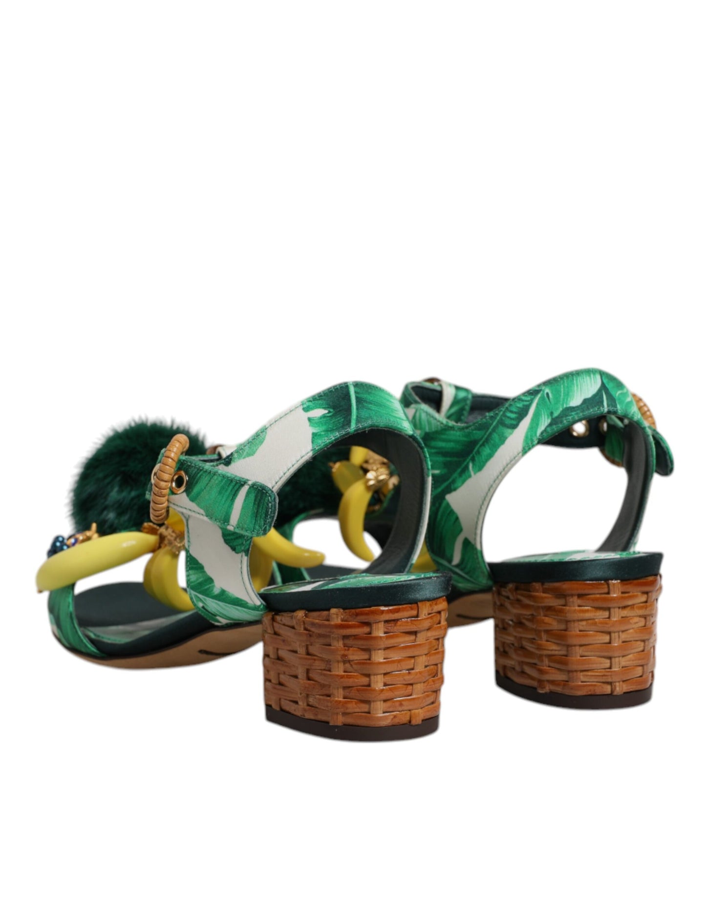 Dolce & Gabbana Green Crystal Fur Embellished Sandals Shoes by Dolce & Gabbana