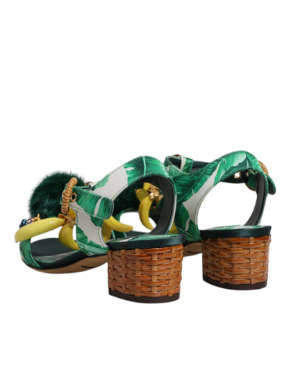 Dolce & Gabbana Green Crystal Fur Embellished Sandals Shoes by Dolce & Gabbana