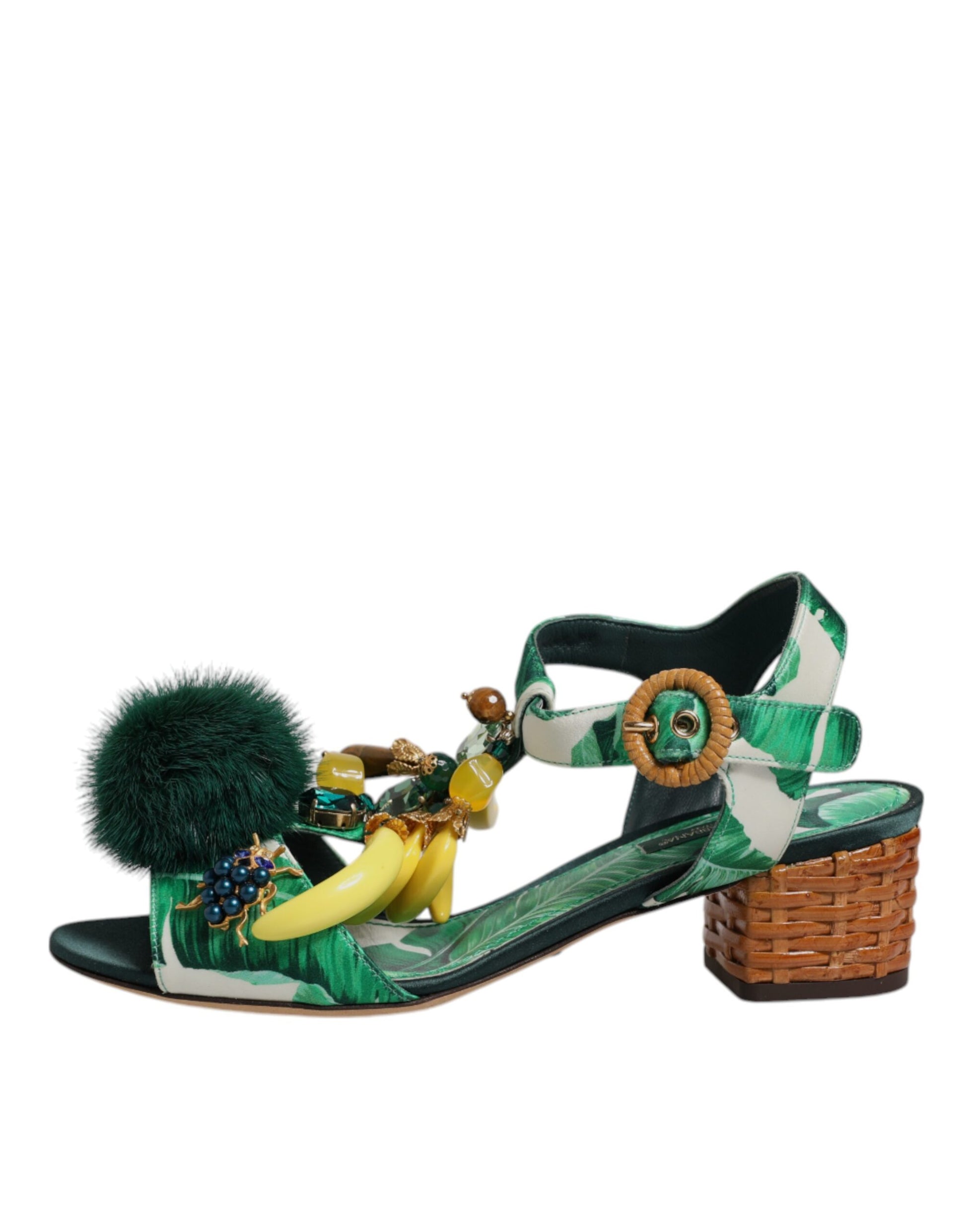 Dolce & Gabbana Green Crystal Fur Embellished Sandals Shoes by Dolce & Gabbana