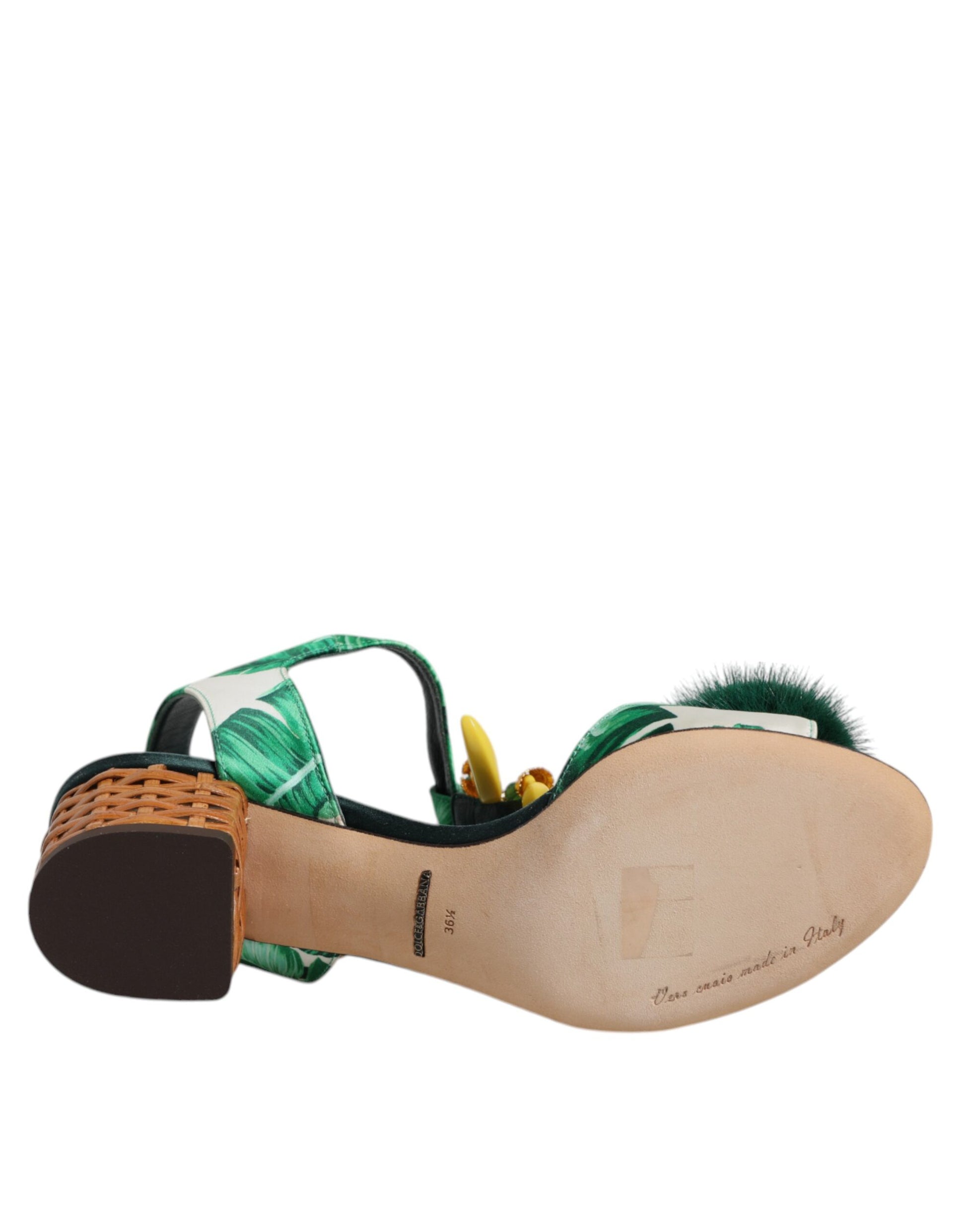 Dolce & Gabbana Green Crystal Fur Embellished Sandals Shoes by Dolce & Gabbana