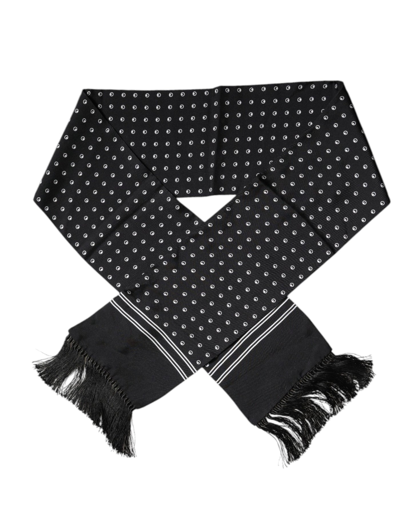 Dolce & Gabbana Black White Polka Dotted Silk Skinny Fringes Scarf by Dolce & Gabbana