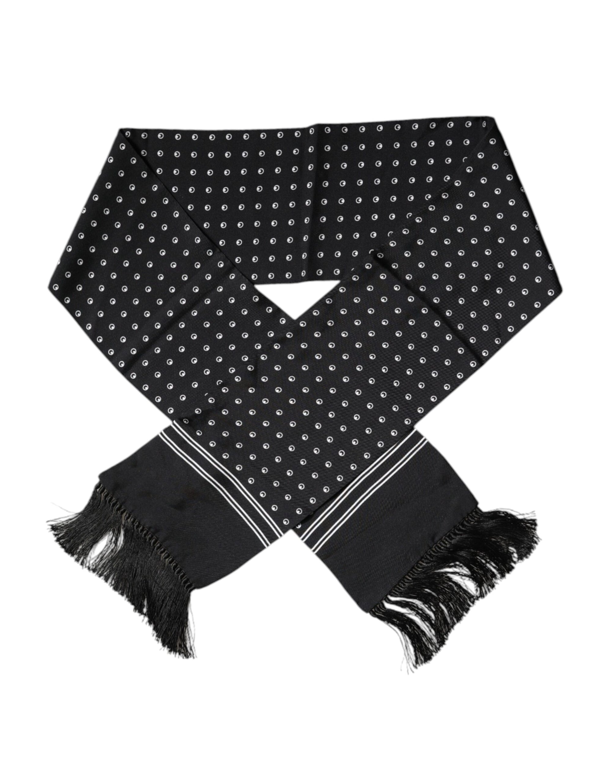 Dolce & Gabbana Black White Polka Dotted Silk Skinny Fringes Scarf by Dolce & Gabbana