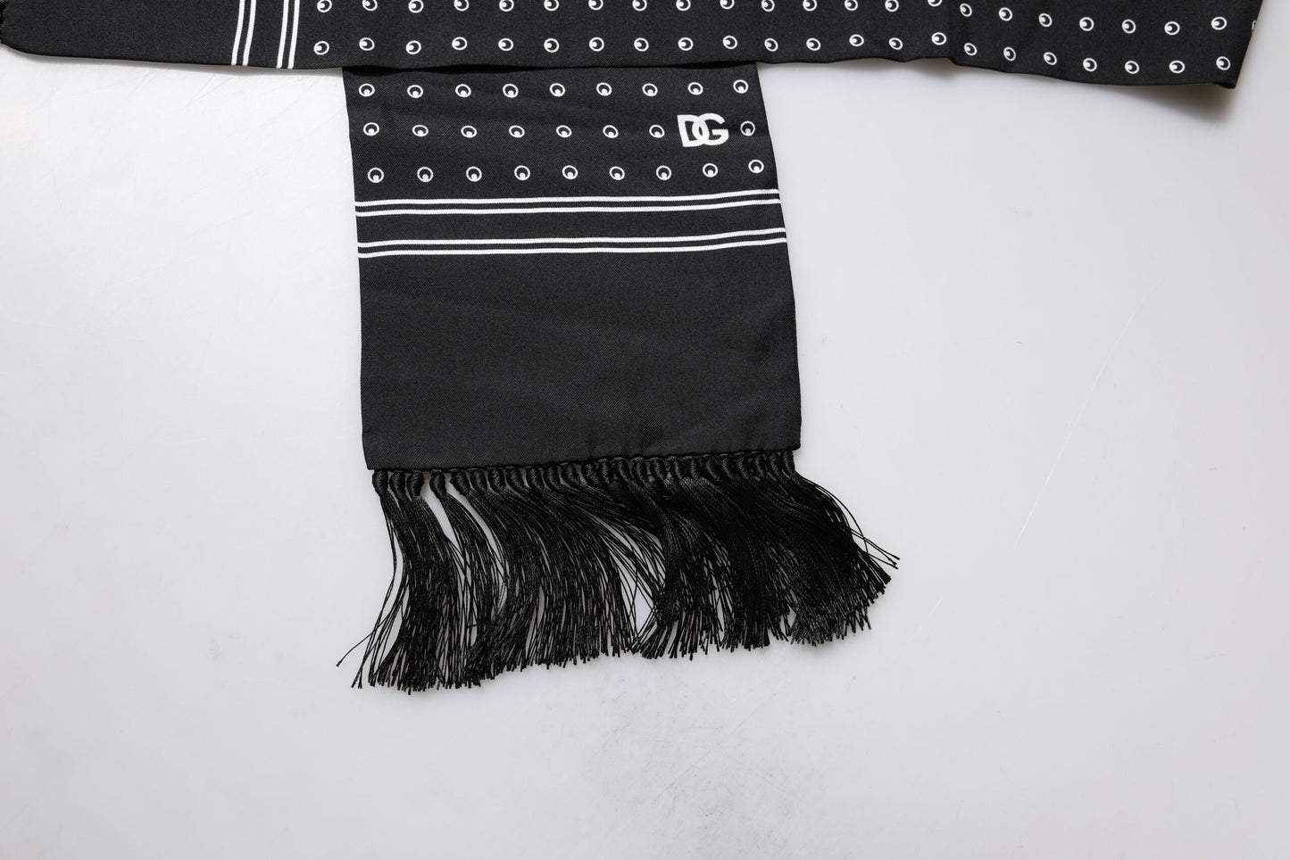 Dolce & Gabbana Black White Polka Dotted Silk Skinny Fringes Scarf by Dolce & Gabbana