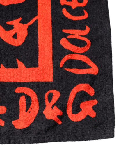 Dolce &amp; Gabbana Black Red Logo Print Cotton Beach Towel