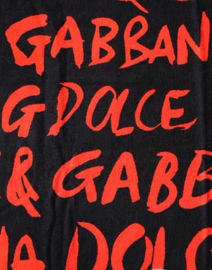 Dolce &amp; Gabbana Black Red Logo Print Cotton Beach Towel