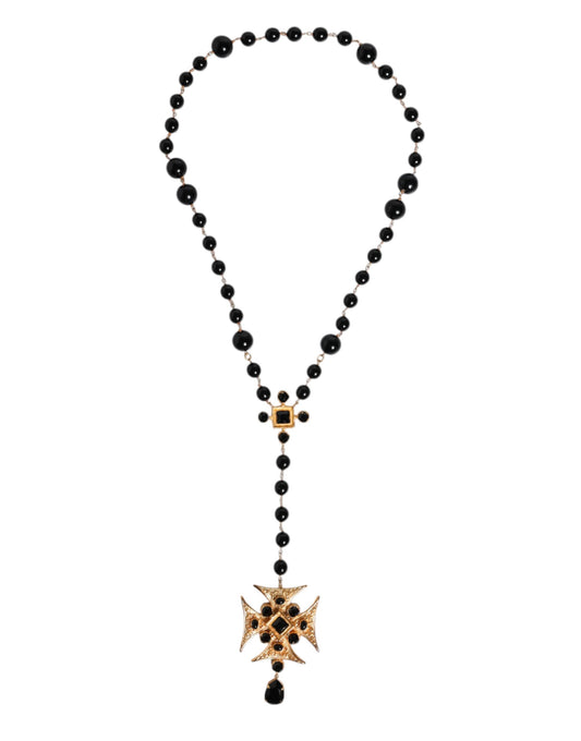 Collier chapelet Dolce &amp; Gabbana en laiton doré avec croix et perles noires