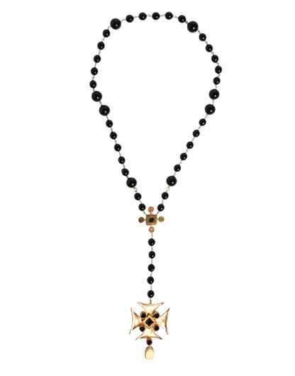 Collier chapelet Dolce &amp; Gabbana en laiton doré avec croix et perles noires