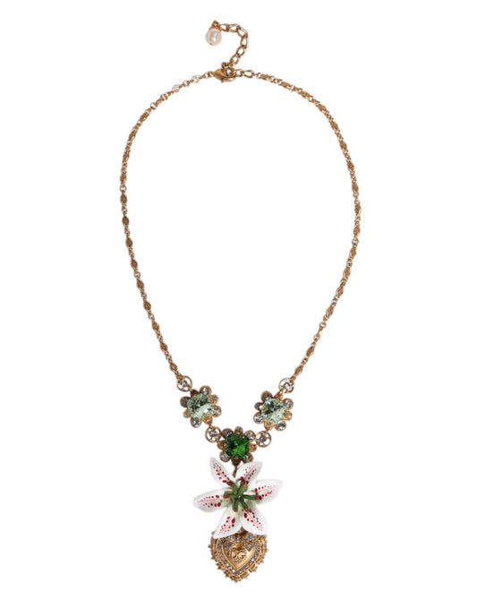 Collier Dolce &amp; Gabbana avec pendentif en laiton doré et cristal de lys, symbole du Sacré-Cœur