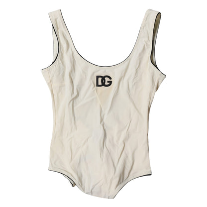Dolce &amp; Gabbana White Black Logo One Piece Beachwear Swimwear