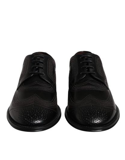 Dolce &amp; Gabbana Black Embroidered Classic Leather Derby Dress Shoes