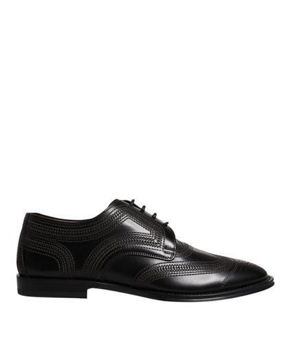 Dolce &amp; Gabbana Black Embroidered Classic Leather Derby Dress Shoes