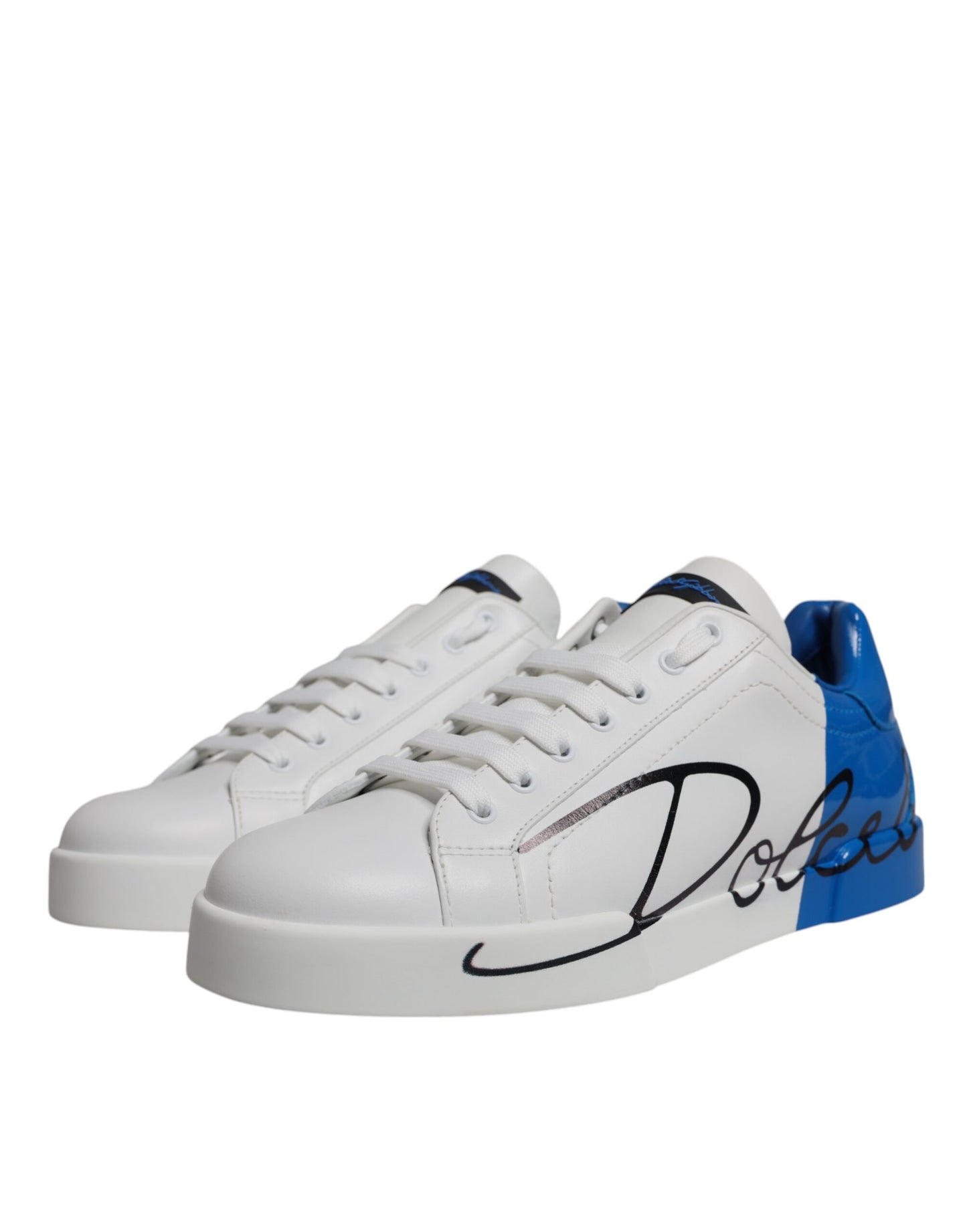 Dolce &amp; Gabbana White Blue Leather Logo Low Top Sneakers Shoes