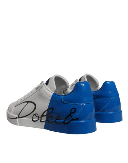 Dolce &amp; Gabbana White Blue Leather Logo Low Top Sneakers Shoes