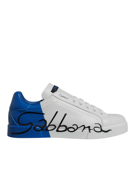 Dolce &amp; Gabbana White Blue Leather Logo Low Top Sneakers Shoes