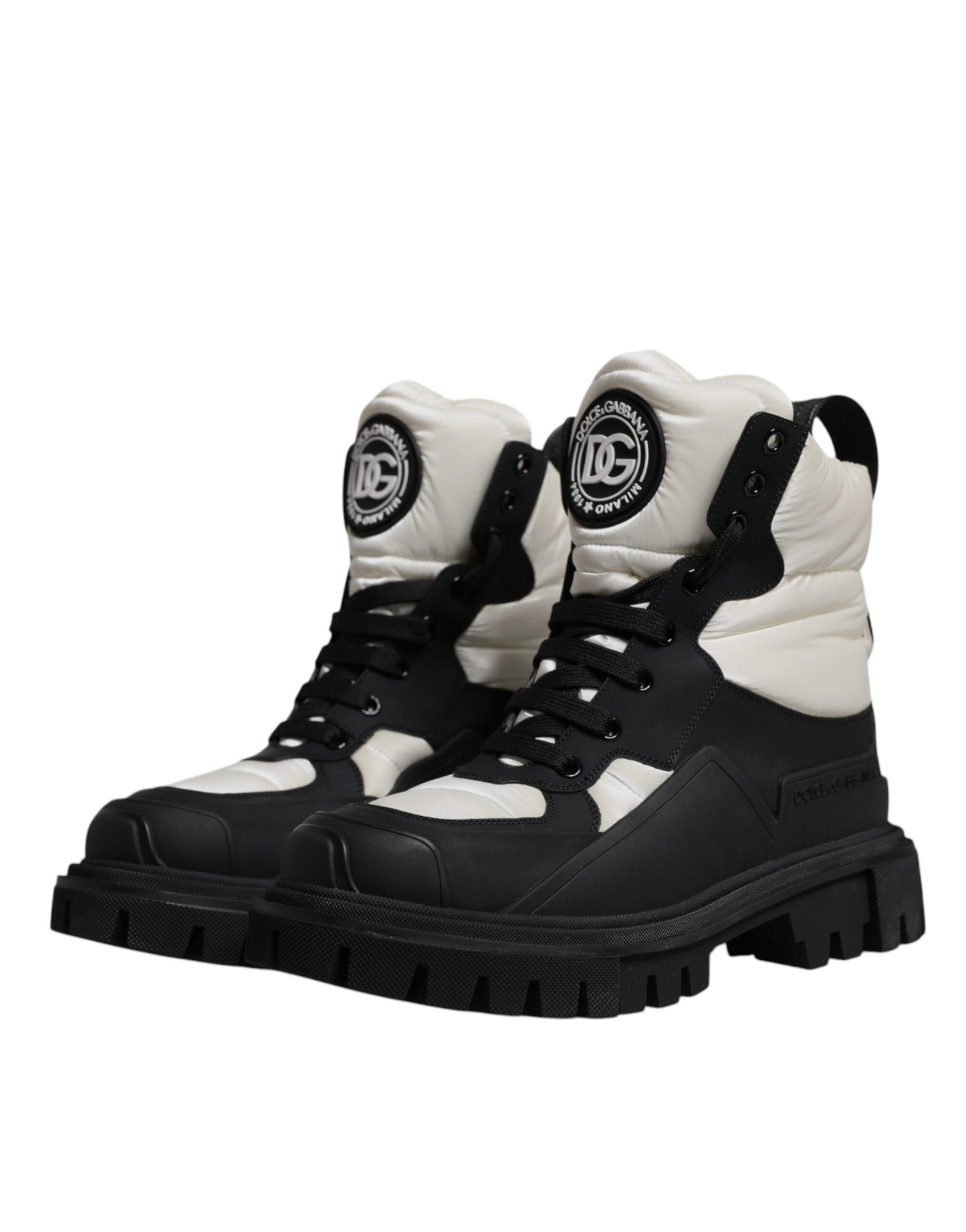 Dolce & Gabbana Black White Padded Mid Calf Lace Up Boots Shoes by Dolce & Gabbana