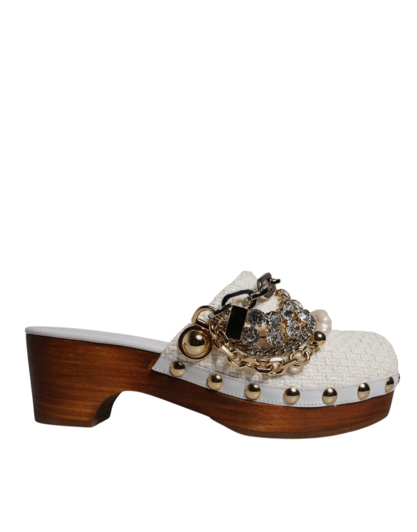 Dolce & Gabbana White Raffia Clogs Bejeweled Chain Sandals Shoes by Dolce & Gabbana