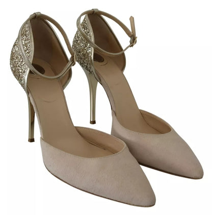 Elisabetta Franchi Beige Linen Ankle Strap High Heels Shoes by Elisabetta Franchi