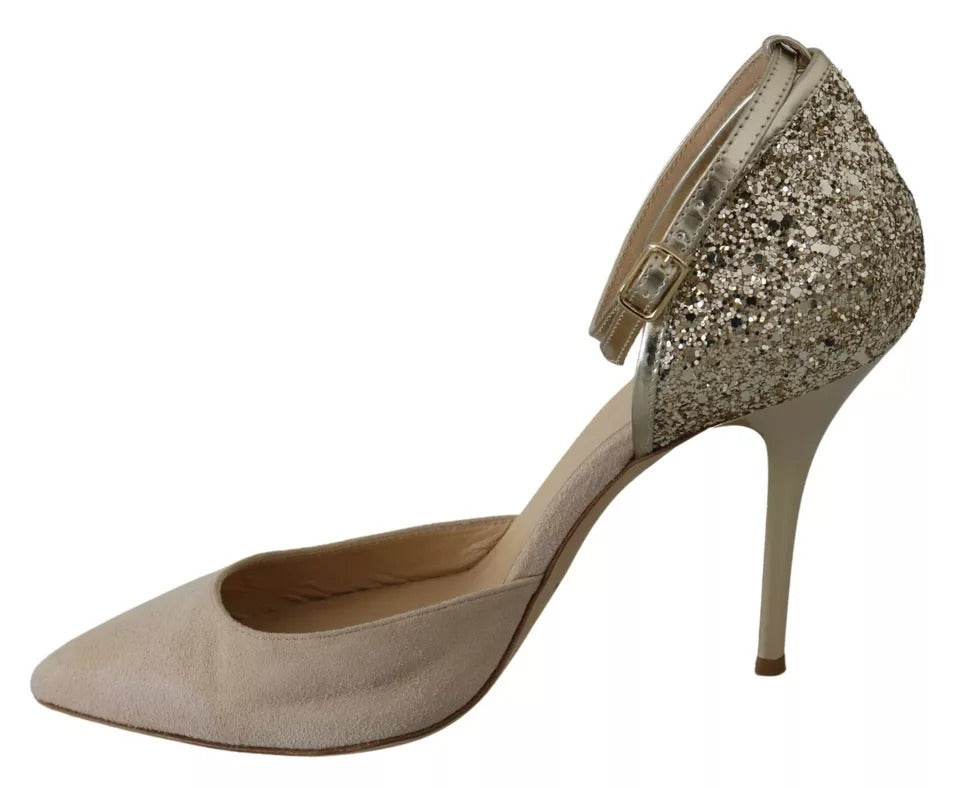 Elisabetta Franchi Beige Linen Ankle Strap High Heels Shoes by Elisabetta Franchi