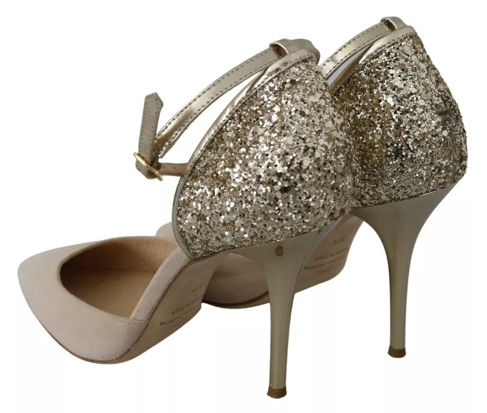 Elisabetta Franchi Beige Linen Ankle Strap High Heels Shoes by Elisabetta Franchi