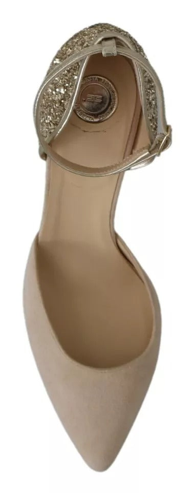 Elisabetta Franchi Beige Linen Ankle Strap High Heels Shoes by Elisabetta Franchi