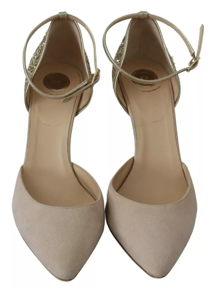 Elisabetta Franchi Beige Linen Ankle Strap High Heels Shoes by Elisabetta Franchi