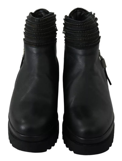 Ovyé Black Leather Zipper Ankle Boots Shoes by Ovyé