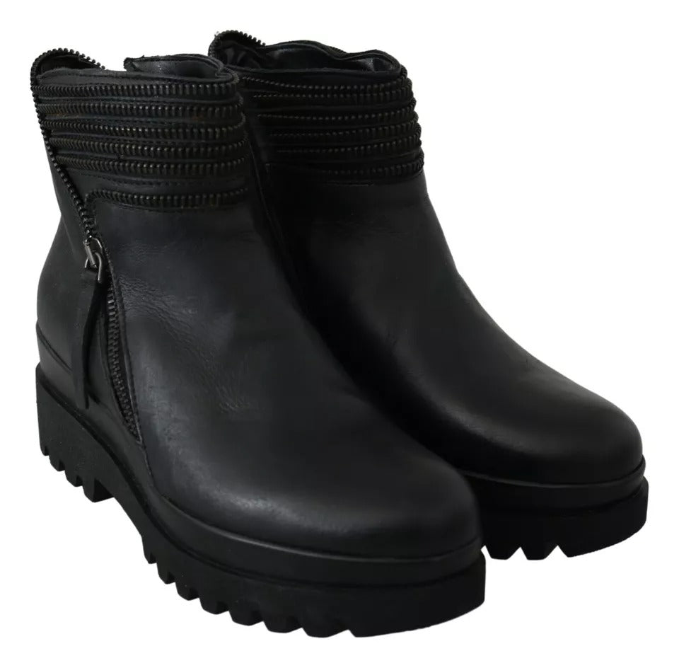 Ovyé Black Leather Zipper Ankle Boots Shoes by Ovyé