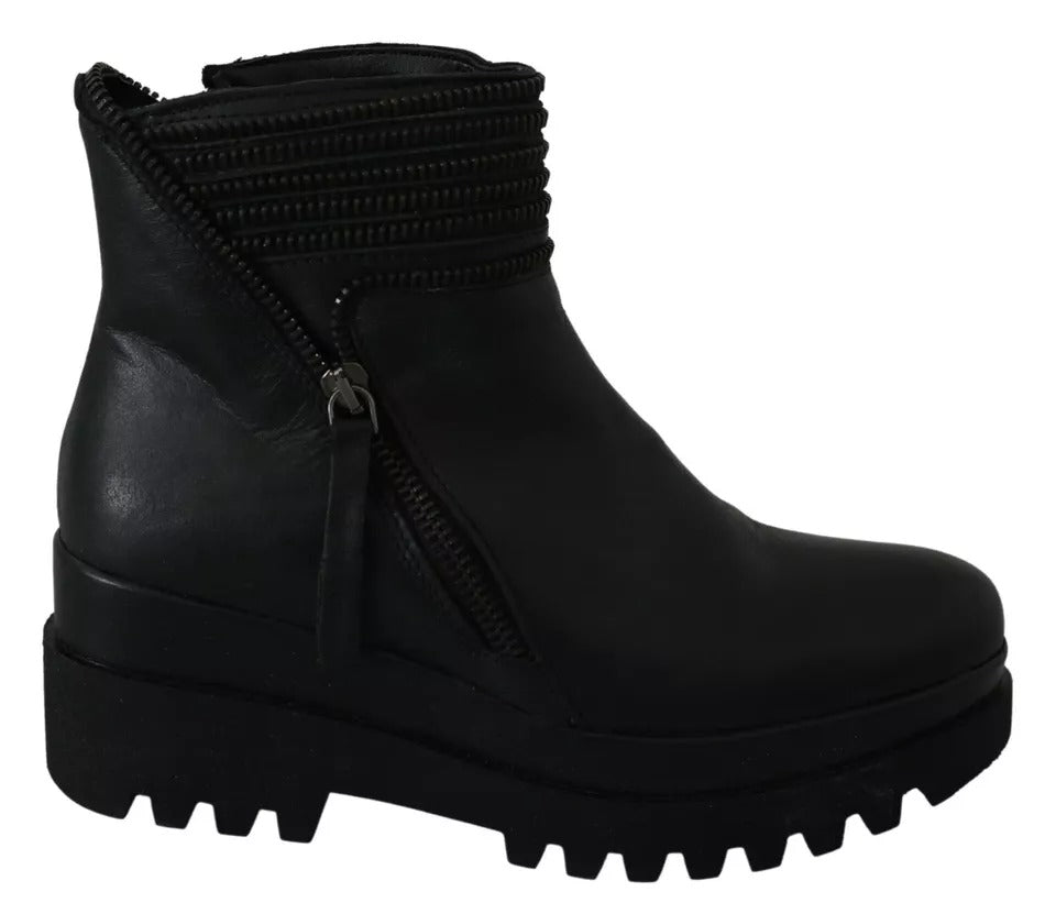 Ovyé Black Leather Zipper Ankle Boots Shoes by Ovyé