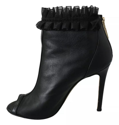 Mangano Black Leather Mesh Stiletto High Heels Peep Toe Boots Shoes by Mangano