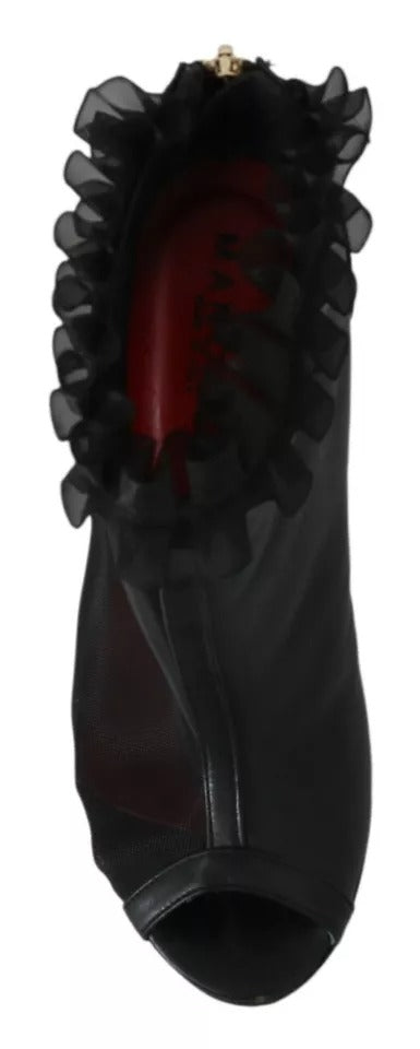 Mangano Black Leather Mesh Stiletto High Heels Peep Toe Boots Shoes by Mangano