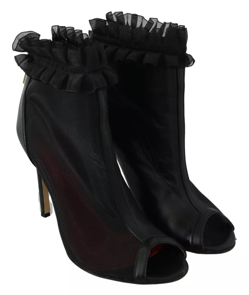 Mangano Black Leather Mesh Stiletto High Heels Peep Toe Boots Shoes by Mangano