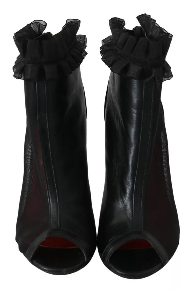 Mangano Black Leather Mesh Stiletto High Heels Peep Toe Boots Shoes by Mangano