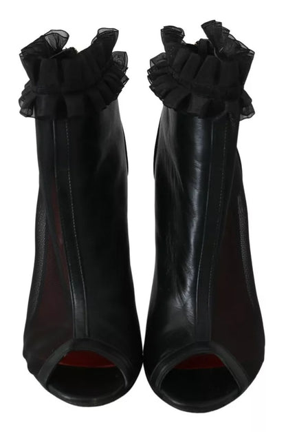 Mangano Black Leather Mesh Stiletto High Heels Peep Toe Boots Shoes by Mangano