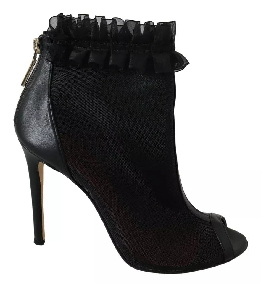 Mangano Black Leather Mesh Stiletto High Heels Peep Toe Boots Shoes by Mangano