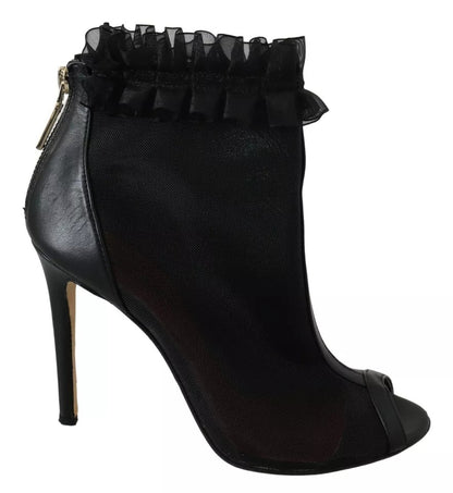 Mangano Black Leather Mesh Stiletto High Heels Peep Toe Boots Shoes by Mangano